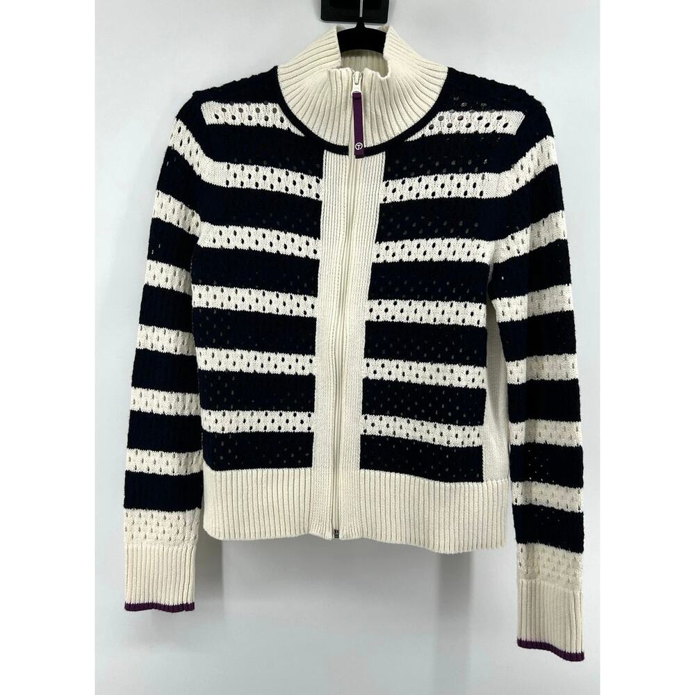 Talbots Full Zip Cardigan Sweater Size XS Quiet Luxury Open Knit Striped